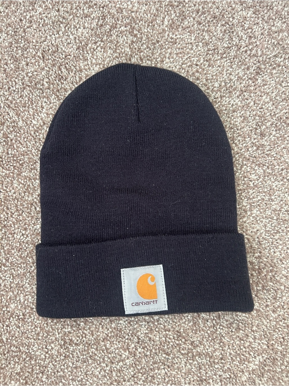 Carhartt Black Cuffed Beanie with Orange Logo Patch